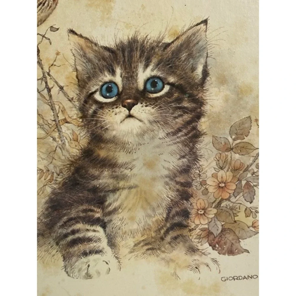 Vintage 1981 Giordano Art Ltd Kitten and Bird Wall Plaque CM Paula Co 5x7